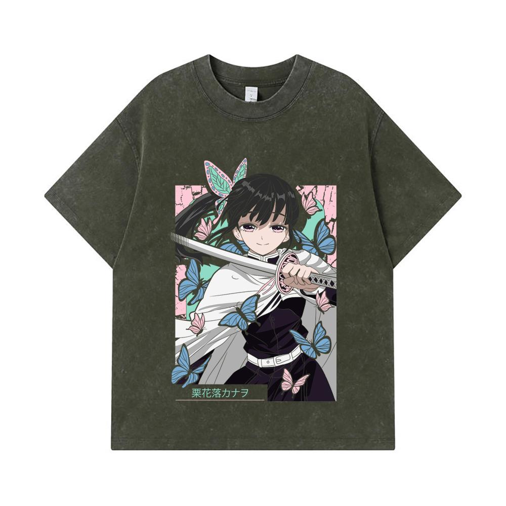 

275 GSM Washed T-shirts 100% Cotton Demon Slayer V98 Kanao Print Unisex Heavy Cotton T Shirt S армия зеленый