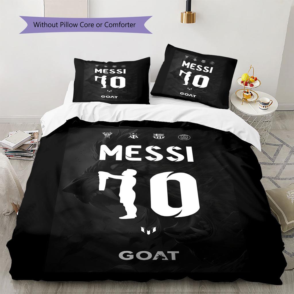 Lenjerie de pat cu model Lionel Messi Decorațiuni pentru casă Cadou de ziua de naștere (1 * husă de pilotă + 2 * fețe de pernă, fără miez),merchandise pentru fani.