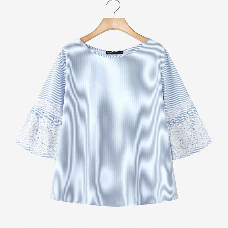 ZANZEA Women Casual Lace Patchwork 3/4 Sleeve Loose Stripe Blouse