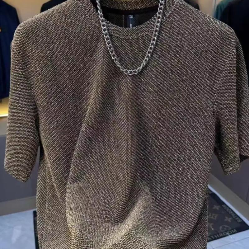 Spring and Summer Men's Fashion Gold High Elasticity Round Neck Light Luxury Slim Fit Trend Slimming Half Sleeved T-shirt Jacquard
