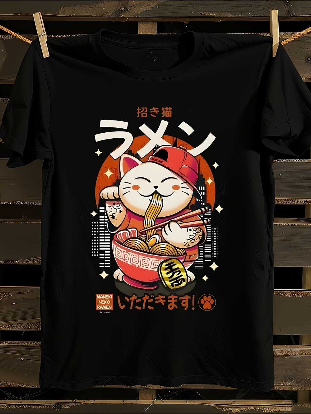 

Japanese Ramen Cat Anime Graphic T-Shirt Mens Tshirt Womens Tshirts with Letters Print Short Sleeves T-Shirt Casual Street Tee Shirt Top S