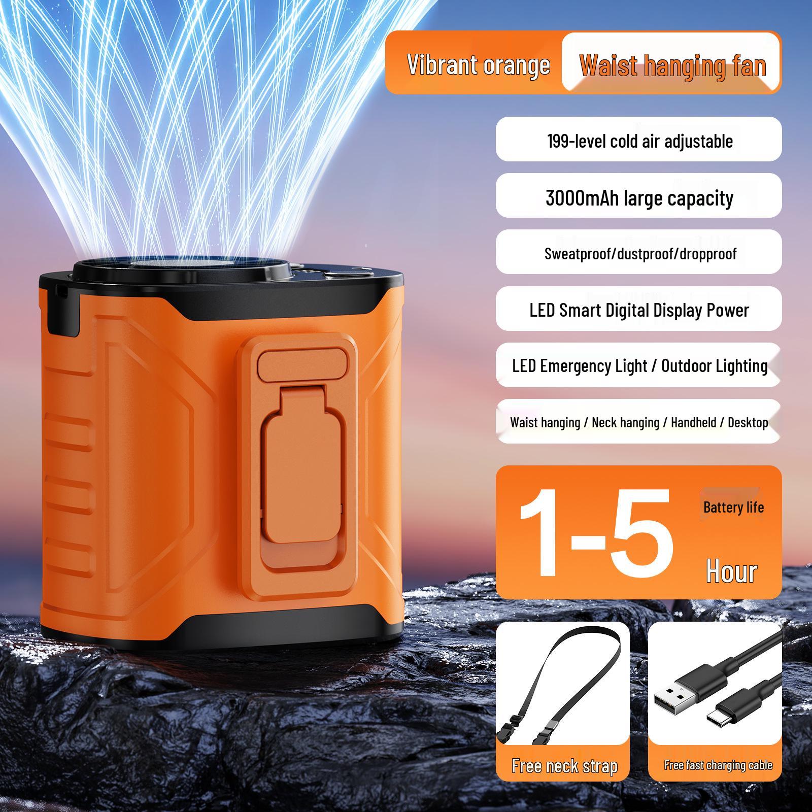 

New Style USB Rechargeable Cross-Body/Neck Turbine Fan - Strong Wind, Portable, for Outdoor & Construction Use. 9.5*9*7.5 cm помаранчевий