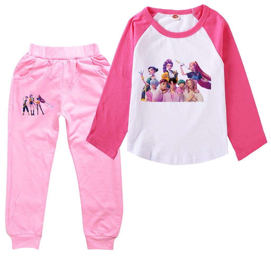 Kids Girls Anime Cartoon K-Pop Rumi Printed Casual Raglan Long Sleeves T-Shirt Pants Clothes Set
