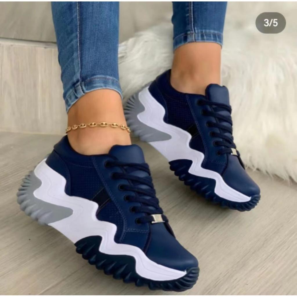 Women's Plus-Size Sneakers - Navy Blue, Breathable Upper, Cushioned PU Insole & Non-Slip Rubber Outsole - Low-Top Lace-Up Shoes for Everyday