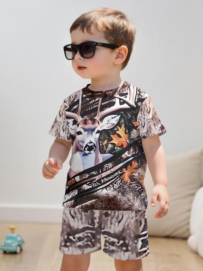 Camouflage Hunting Boys Set Forest Print Sport Short Sleeve Shorts 2-Piece Set Trip Tactical Training Oversize Top Kids Clothing