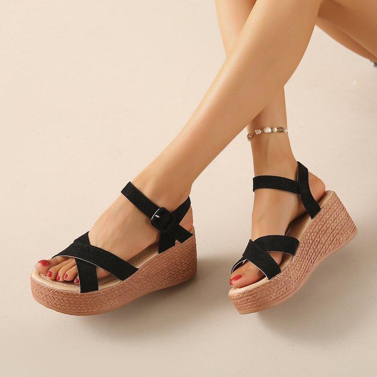 Sandals women's foreign trade large size 2025 summer new muffin wedge heel platform sandals suede women's high-heeled sandals