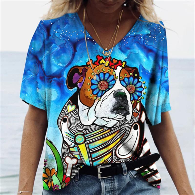 Summer Vintage V-neck Women's T-shirt Loose Jumper Skull 3D Printed Short-sleeved Shirt Harajuku Plus Size Women's T-shirt Top