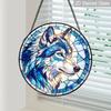 2D Flat Stained Glass Blue Wolf Window Decoration, 7.87inches Cool Design Colored Glass Plate with Chain, Charming Spring Summer Sun Catcher Home