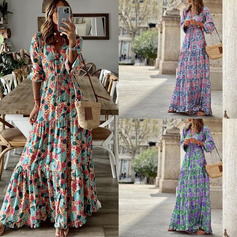 

European American Women s Clothing New Style Temperament V-neck Bohemian Printed Large Swing Dress XL