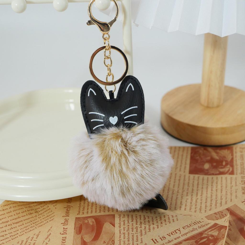 Adorable Black Cat Keychain with Faux Fur Ball Pendant