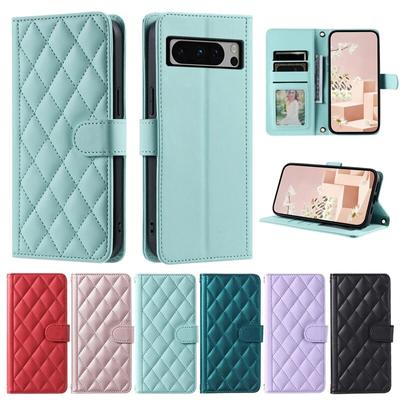 Embossed Checkered  Hand Strap Phone Bag for Google Pixel 8 Pro Pixel 8 Pixel 7 7 Pro Pixel 7A Pixel 6A Card Slots Wallet Protection Case