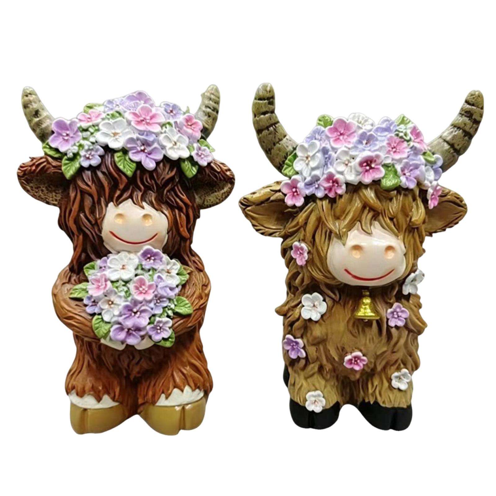

2pc Resin Highland Cow Figurine Set Decorative Animal Statues with Floral Accents for Home Office Desk Shelf Display One Size