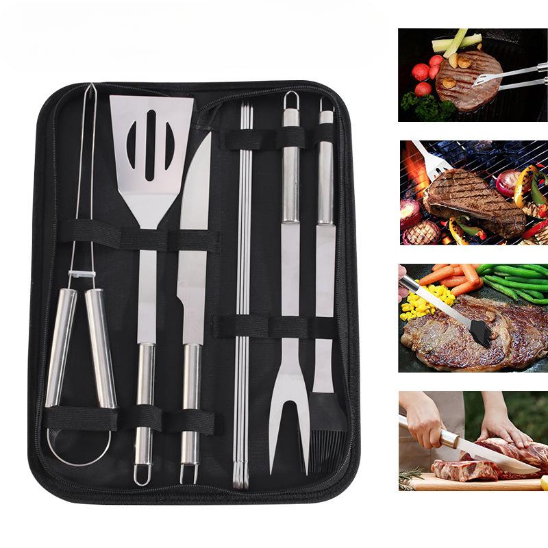 Outdoor BBQ Tools Stainless Steel Barbecue Tool Set Cloth Bag Fork Shovel Clip and Sweep Barbecue Sticks