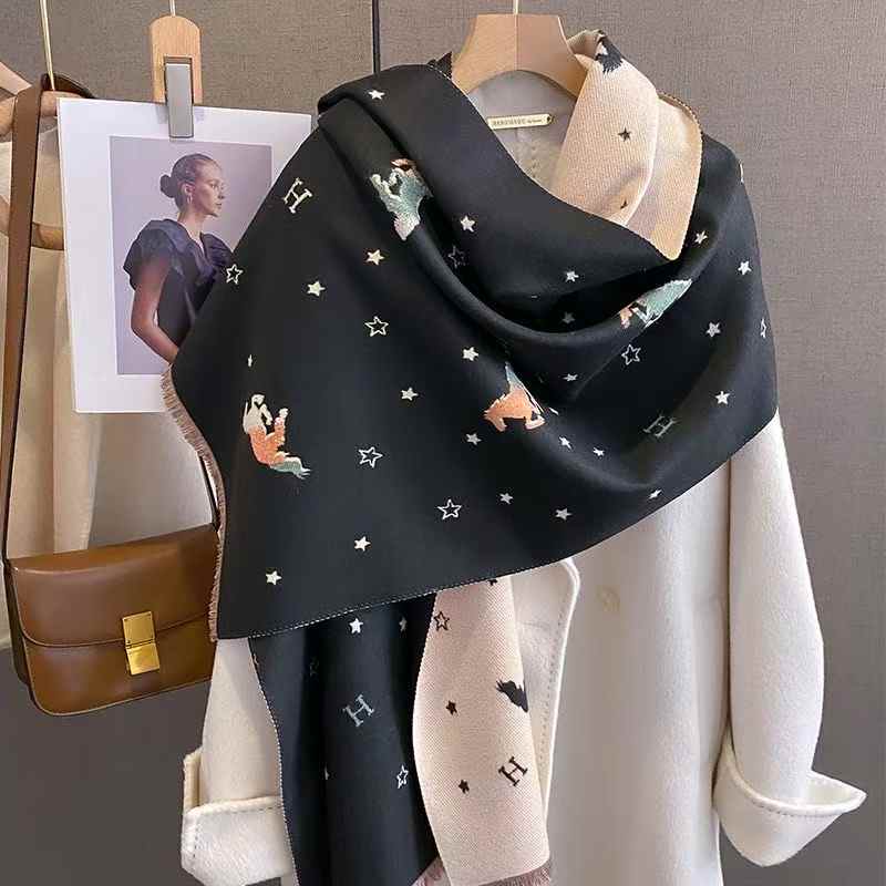 Women's Long Thick Warm Korean Style Scarf Imitating Cashmere Winter Fashion Scarf with Stylish Letter Pony Pattern as Shawl