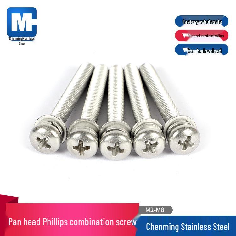 304 Stainless Steel Phillips Pan Head Combo Screw with Flat and Spring Washers