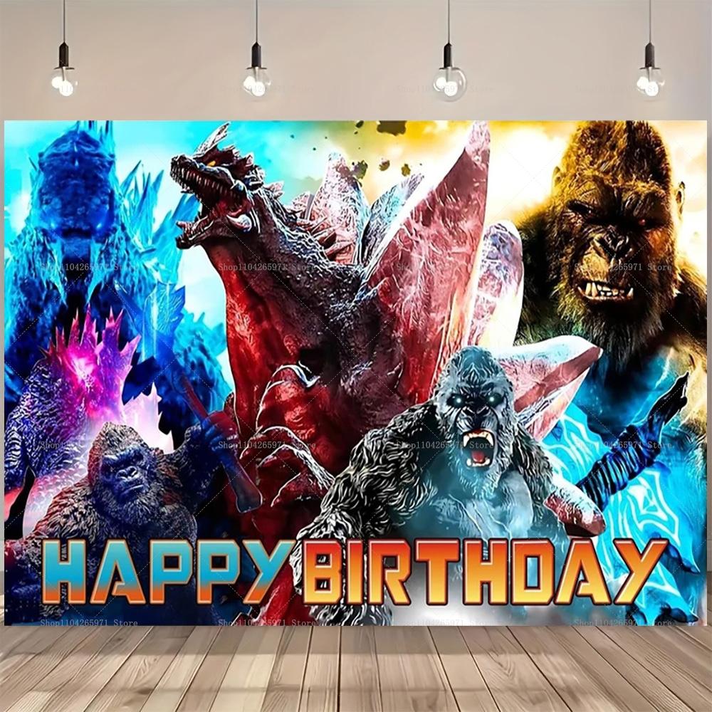 Godzilla Vs King Kong Cartoon Backdrop Banner Monster Clash Adventure Theme Kids Birthday Party Decor Photo Background Supplies