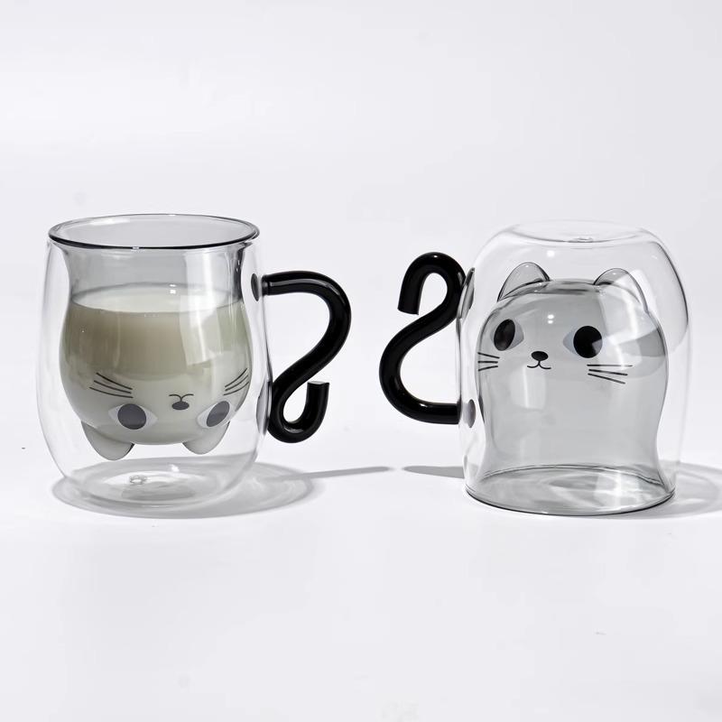 Kreativer Cartoon-Katzen-Doppelbecher für den Haushalt, große Kapazität, Trinkbecher mit Griff, transparent, hochtemperaturbeständiges Glas, Kaffeetasse
