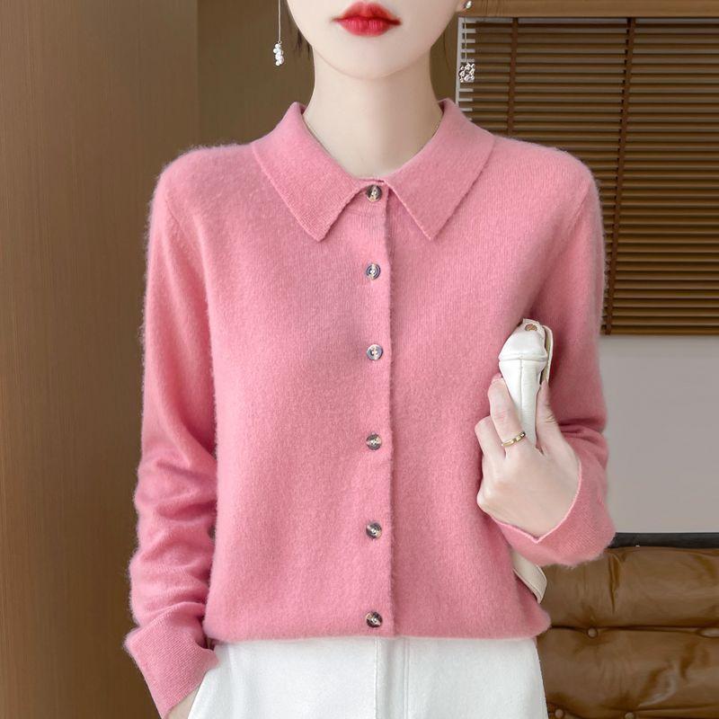 Spring Autumn Women's Wool Cardigan Solid Color Polo Collar Knitted Cardigan Long Sleeve Slim Fit Stretch Wool Cardigan