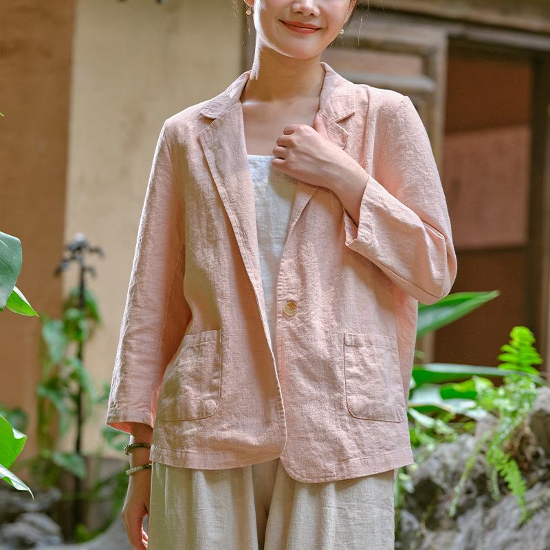 Women s Spring Cotton Linen Casual Sand Washed Ramie Short Jacket with Suit Collar One Size