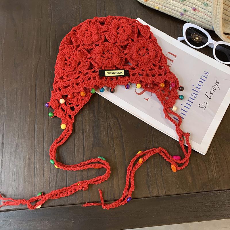 Vintage Bohemian Style Flower Fringed Woven Beanies for Women Summer Outing Versatile Hollow Breathable Fashion Pullover Hats