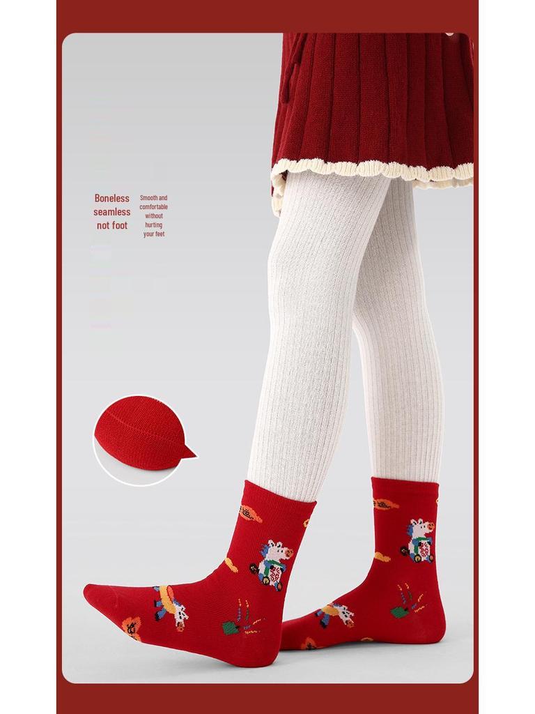 At Yılı Çocuk Kırmızı Çorapları - 1958 Dikişsiz Karikatür Pamuklu Büyük Çocuklar İçin Şans Yeni Yıl