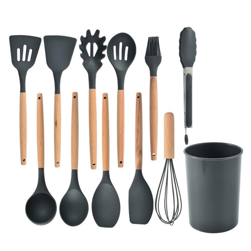 12PCS Wooden Handle Silicone Cookware Set Heat Resistant Kitchen Utensils Non-Stick Cookware