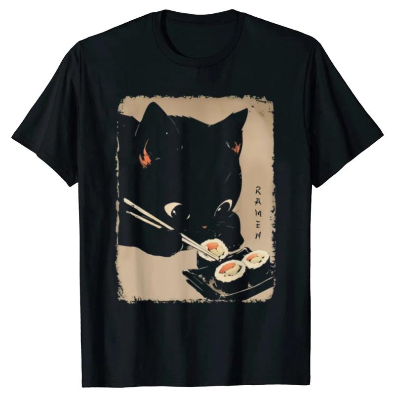

Футболки с милым рисунком «Кошка ест суши» в японском стиле, милые, с рисунком из аниме, для мужчин, модная повседневная футболка, 100% хлопок, свободные, большие футболки, женские M чёрный