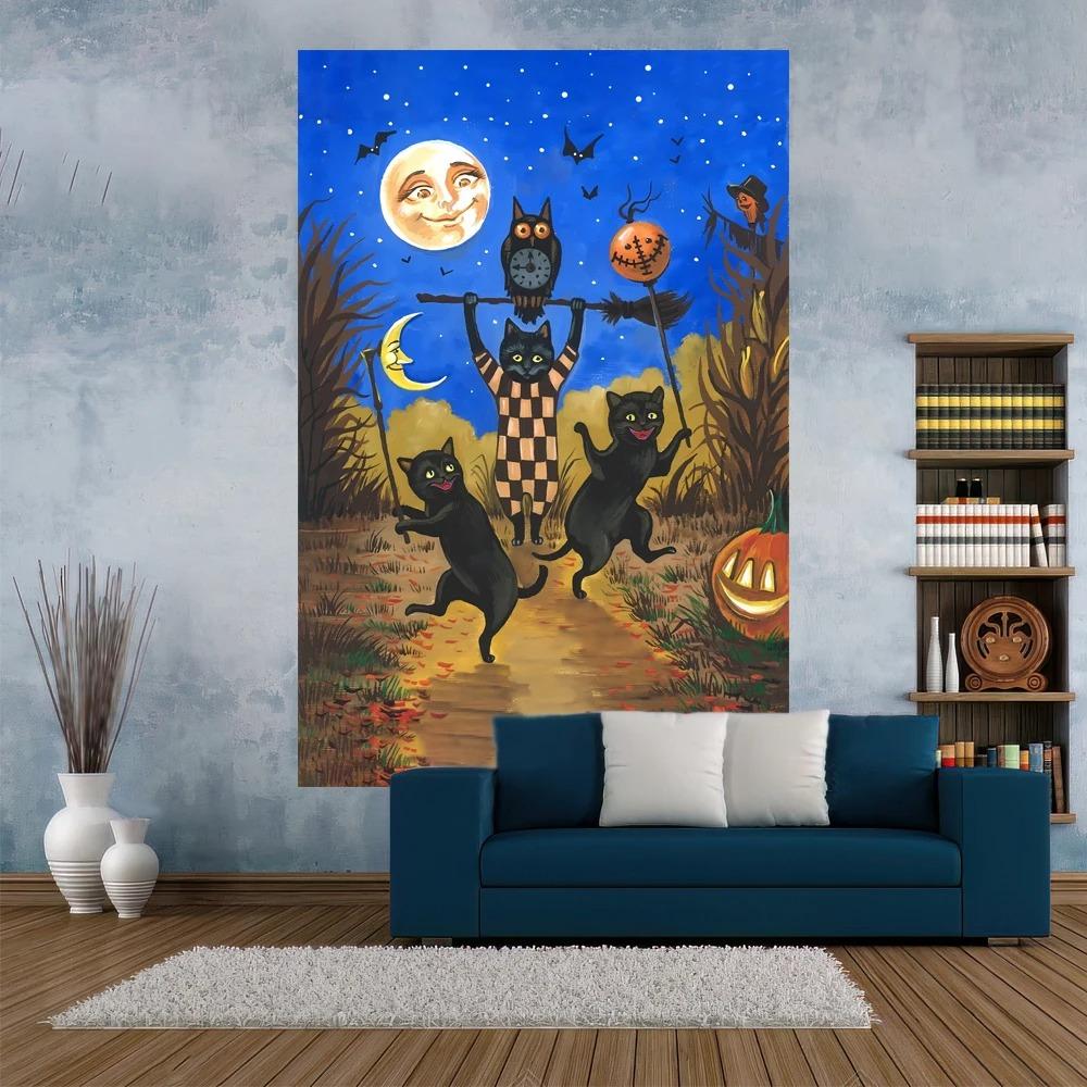 

Декоративный гобелен на Хэллоуин с изображением мультяшного кота, иллюстрация, печать, колдовство, домашняя гостиная, декоративная настенная подвеска 100x75cm