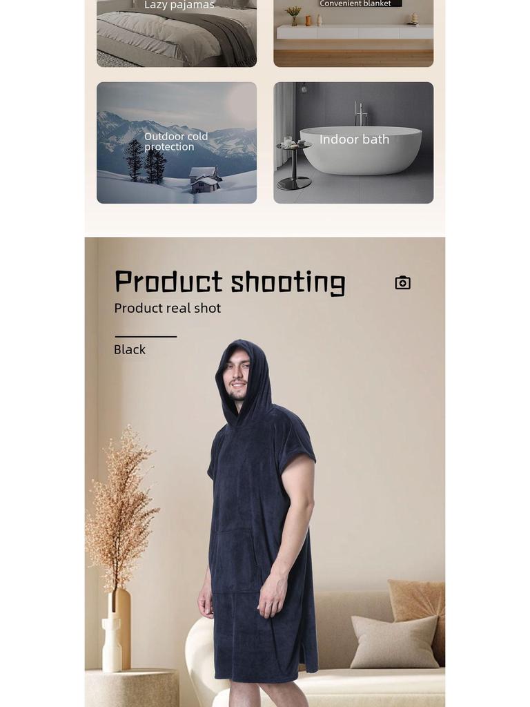 Unisex Quick-drying Hooded Beach Bathrobe Poncho - Coral Fleece Surf & Swim Changing Towel