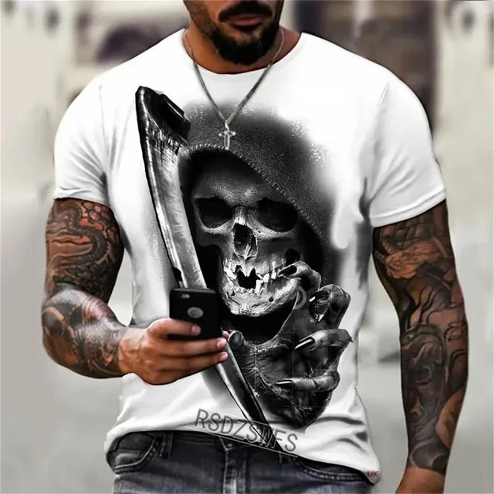 Summer Round Neck 3D Interesting and Terrifying Skull Pattern Print Top Fashionable Casual Short Sleeved Men's T-shirts