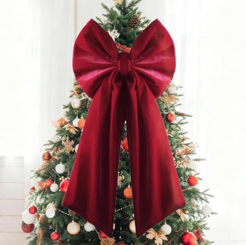Large Burgundy Velvet Bowknot Christmas Ornament, Bow Pendant Hanging Decoration, DIY Xmas Tree Home Party Decor