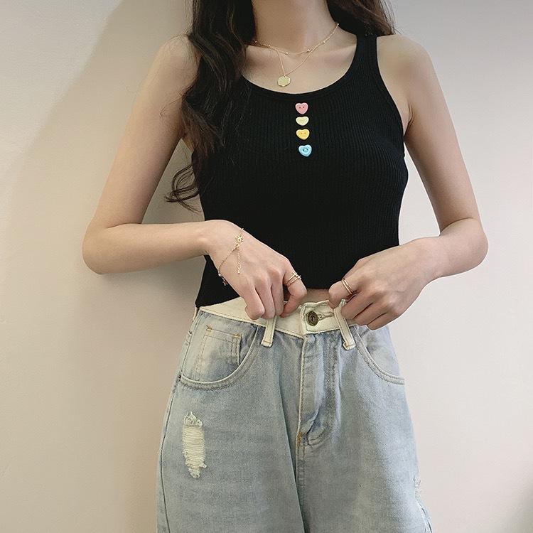 

Новый корейский стиль корейский стиль Милая девушка жилет на подтяжках Love Button вязаный короткий топ для отрыжки One size