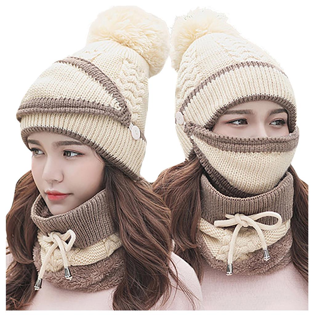 Ladies Fashion Winter Warm And Windproof Hat Scarf Mask Outdoor Three-piece Suit