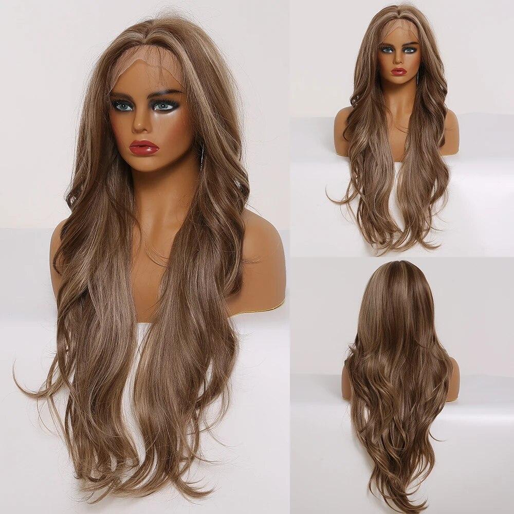 ALAN EATON Brown Blonde Curly Lace Wig 13*4 Lace Front Wigs with Dark Roots Synthetic Natural Looking Hair for White Women Daily