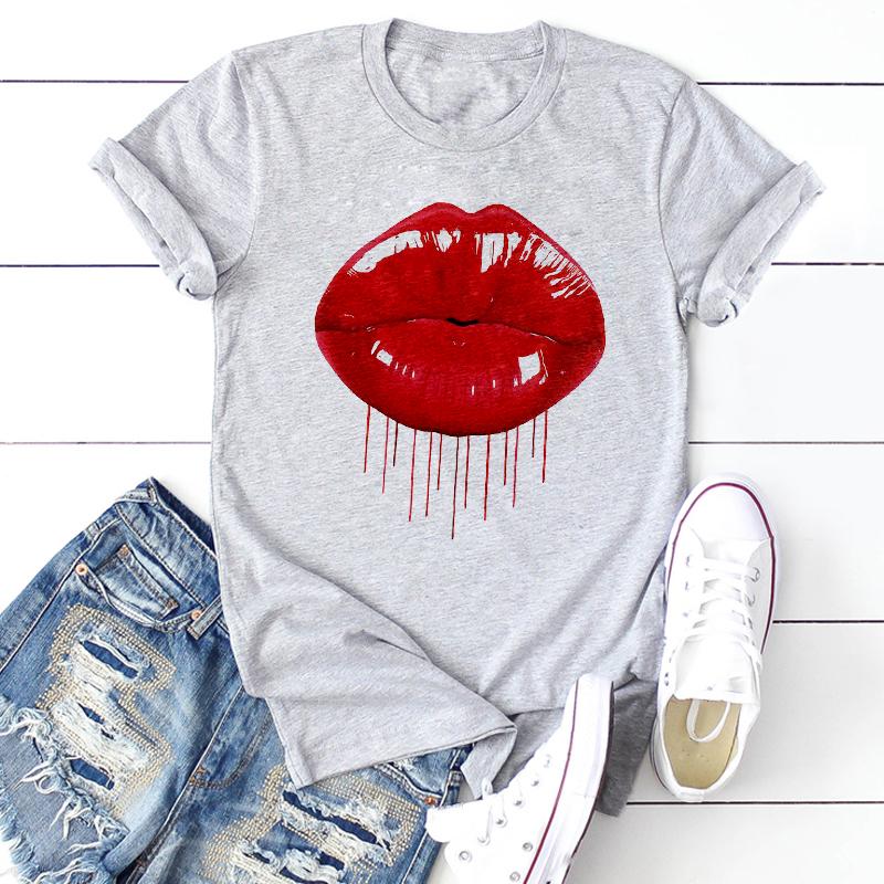 

(Азіатський розмір) Короткі рукави Lip Love Sexy Trend Мила мила жіноча футболка з принтом Літня модна футболка Жіноча базова футболка з графічним малюнком M