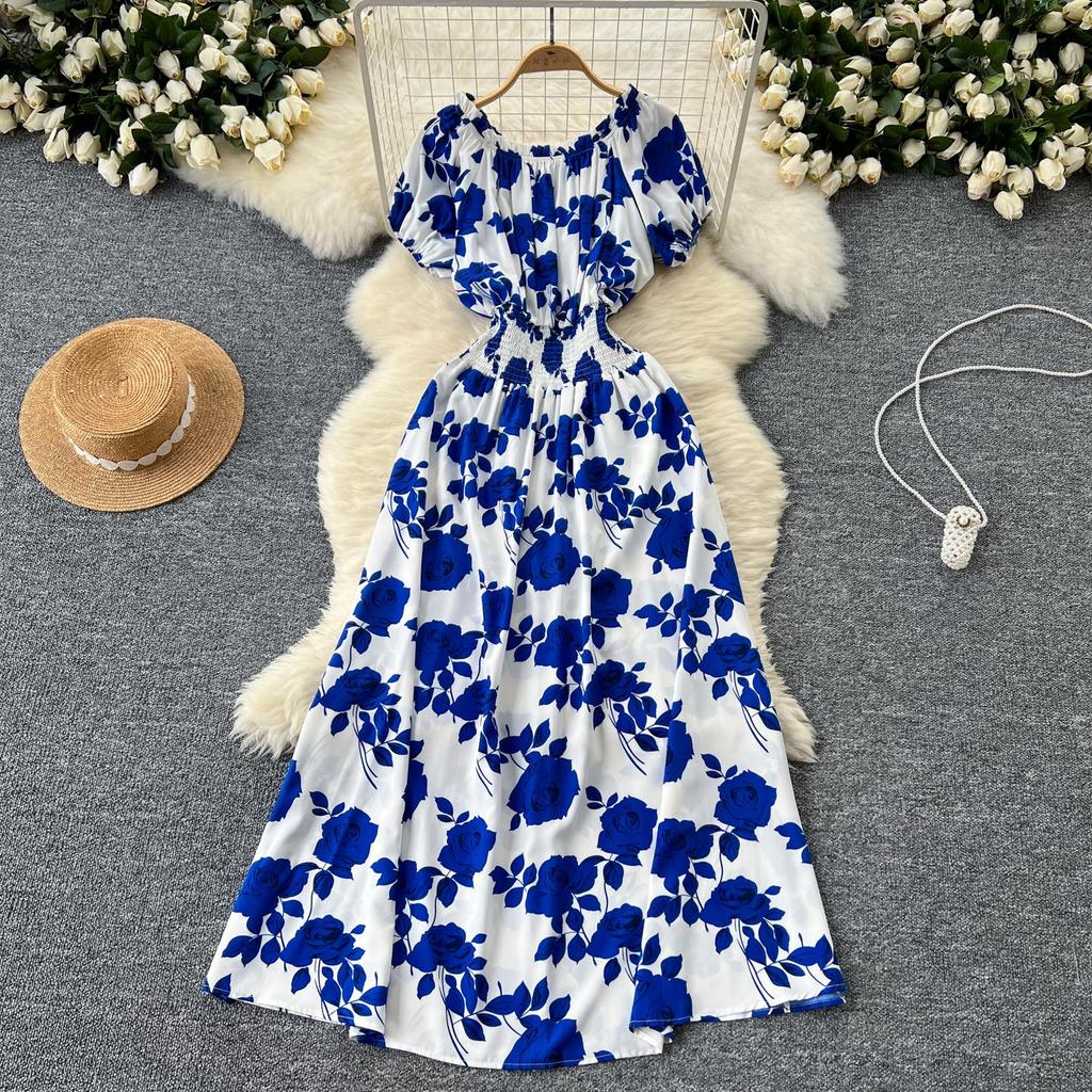 Retro Off Shoulder Dress Puff Sleeve Print Beach Vacation Women Korean Fashion Summer Vestidos Dresses