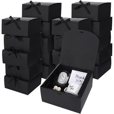12pcs Large Kraft Paper Gift Boxes with Ribbon - 8x8x4 Inch, Black - Perfect for Weddings, Bridesmaid Proposals, Jewelry, Birthdays & Holidays