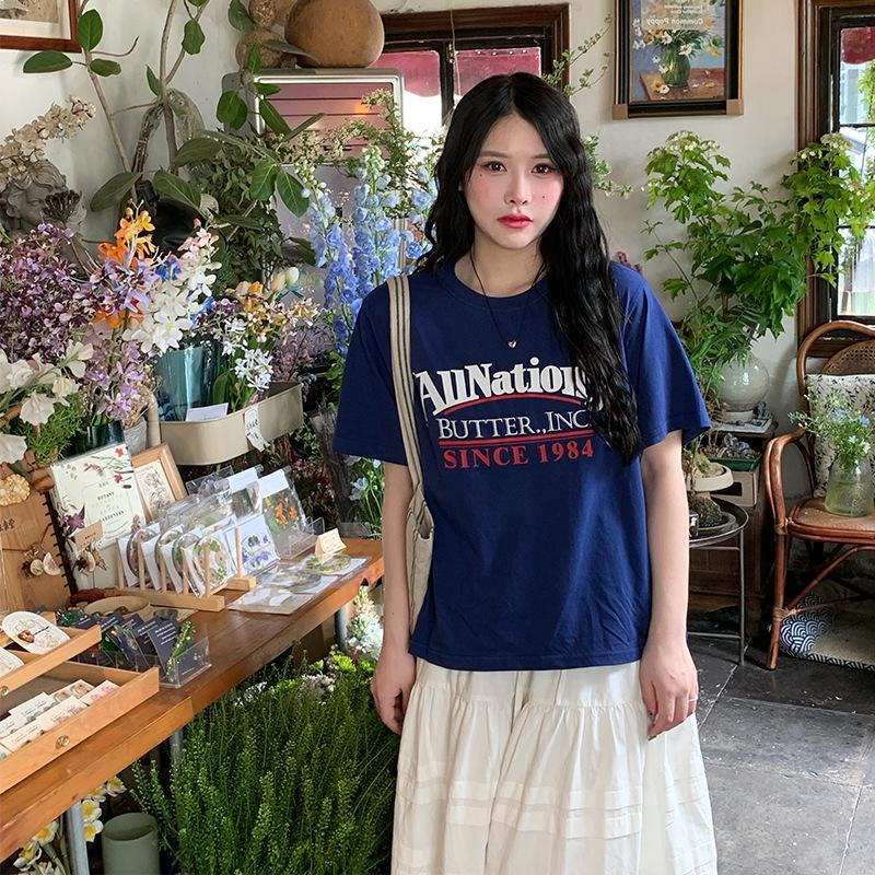 2024 Korean Casual Letter Print Slim Fit Cotton T-Shirt for Women – Short-Sleeved and Stylish