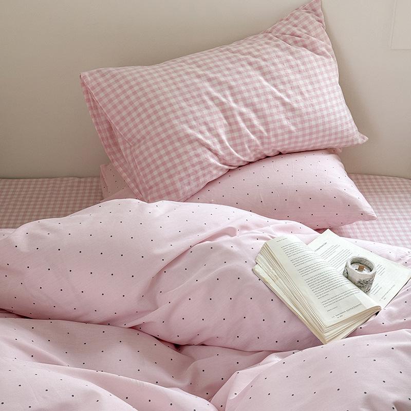 

Inns Simple Pure Cotton Polka Dot & Plaid 4-Piece Duvet Cover Set - Skin-Friendly & Soft for All Seasons 1.2m Sheet Three-piece Set [Duvet 150*200cm]