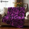 Purple Black Line Rose Motif Soft Flannel Blanket Breathable Warm Throw for Office Car Sofa Kids Room Birthday Xmas Gift