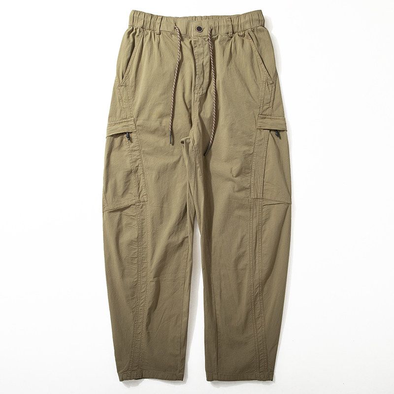 Overalls Men s Spring Summer Thin Cotton Stretch Trousers American vintage Amekaji Loose Straight Wide-Leg Pants Khaki M