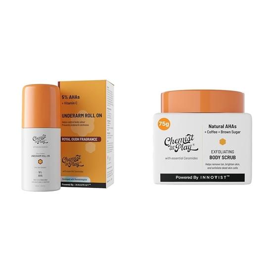 Chemist At Play UnderArm Roll-On Deodorant with 5% AHA | 40ml Exfoliating Body Scrub For Removing Tan & Dead Skin Cells For Men & Women | 75g