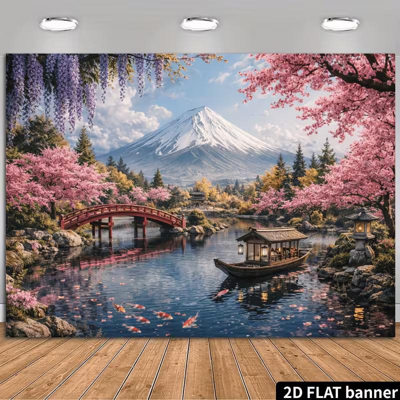 

2D Flat Printing Japan Backdrop, Mount Fuji & Flowers Party Background 47.2x31.5inch/120*80cm