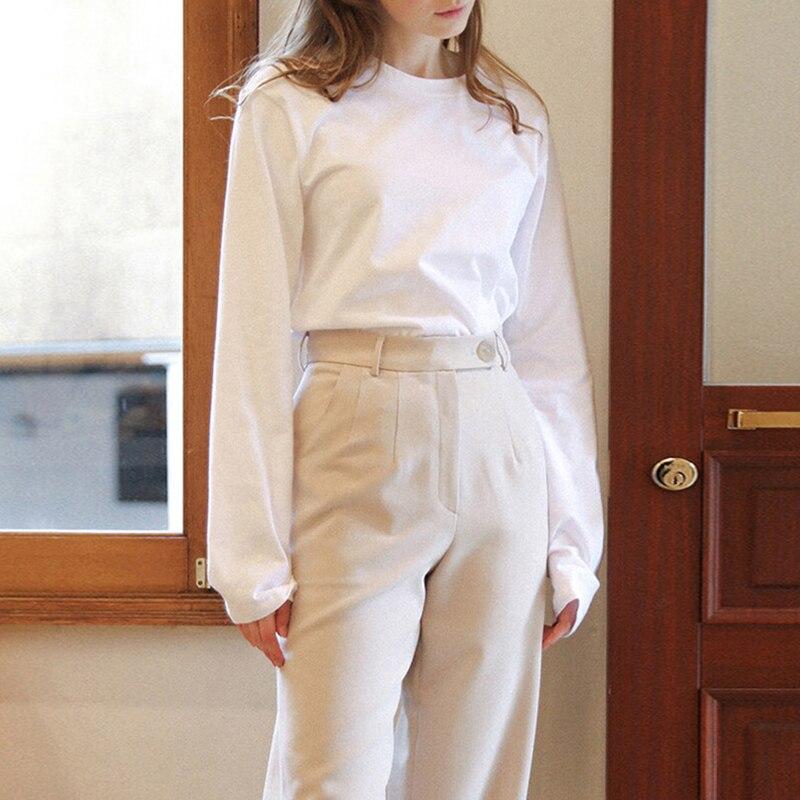 Johnature Einfache Feste Farbe Frauen Tops Casual Lose Volle Hülse Baumwolle Render Weibliche T-shirts