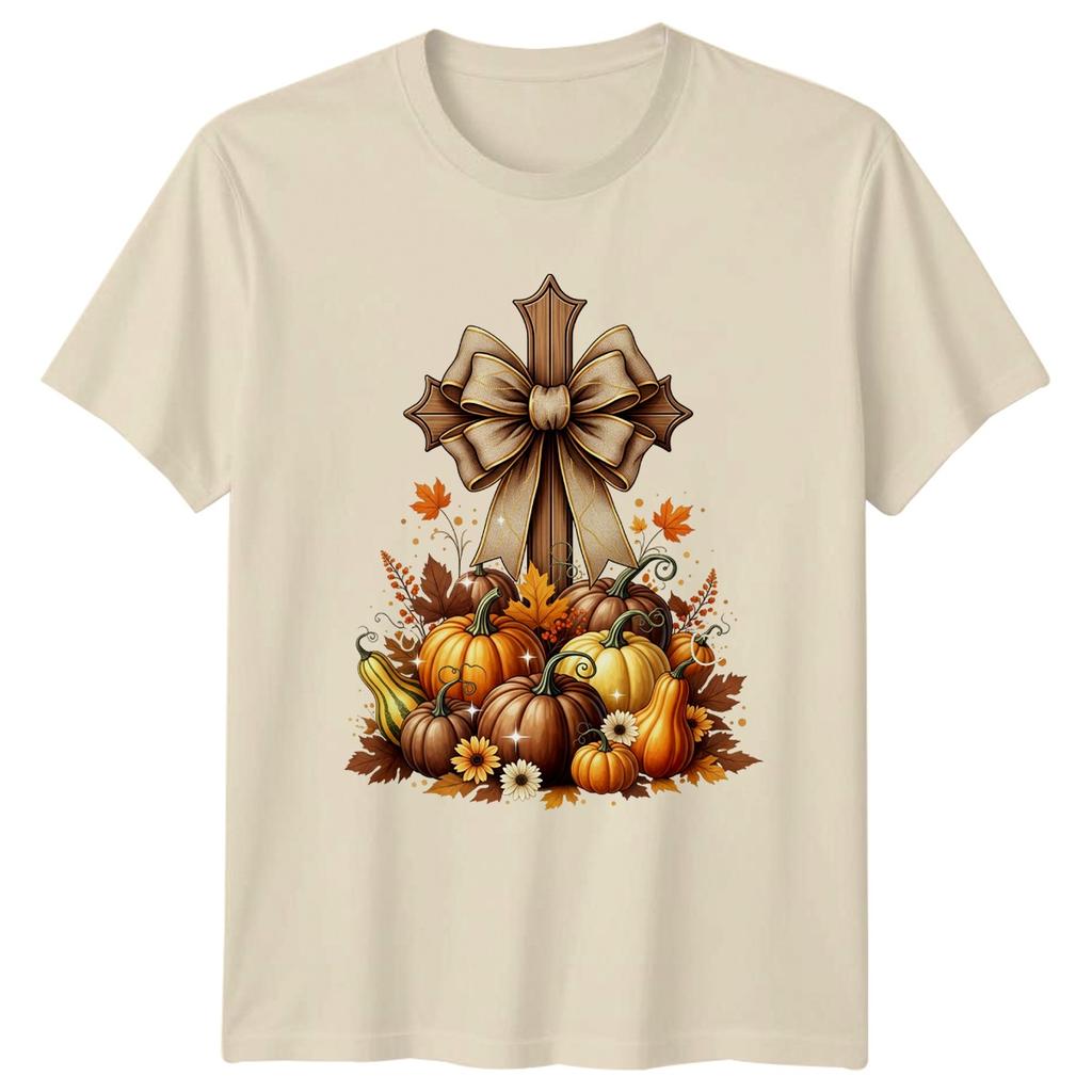 Leopard Print Cross Pumpkins Harvest T-Shirt Religious Autumn Decor Christian
