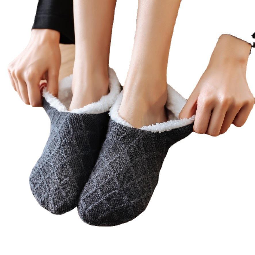 Women's Warm Solid Color Floor Socks Non Slip Plush Knitted Coral Fleece Socks No Show Socks kawaii cute men