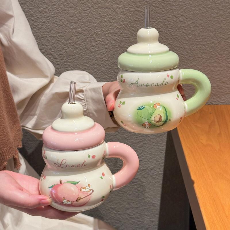 Super cute strawberry straw drinking cup for girls' birthday cup ceramic mug with lid girlfriend souvenir gift