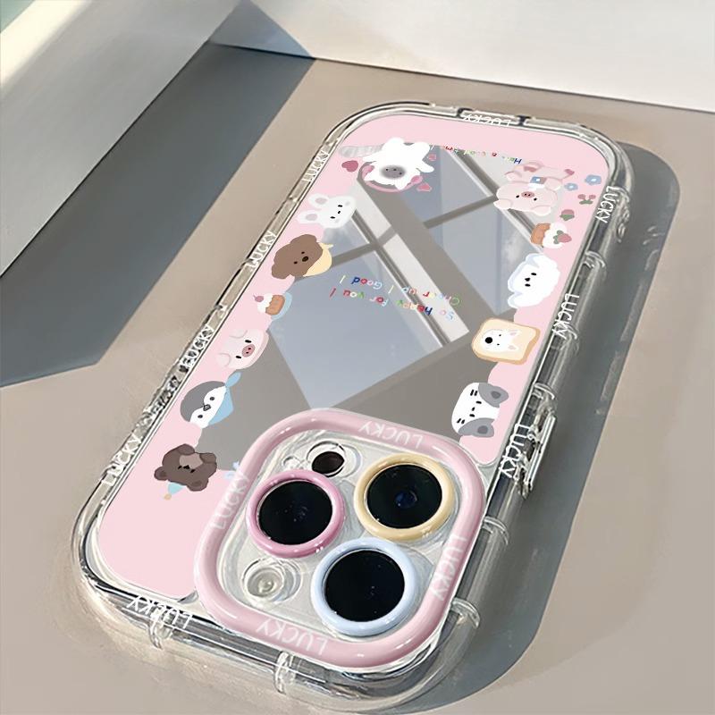 Pink Mirror Cream Shell Suitable for Apple 15promax Mobile Phone Case Cartoon Zoo IPhone 14/16/13