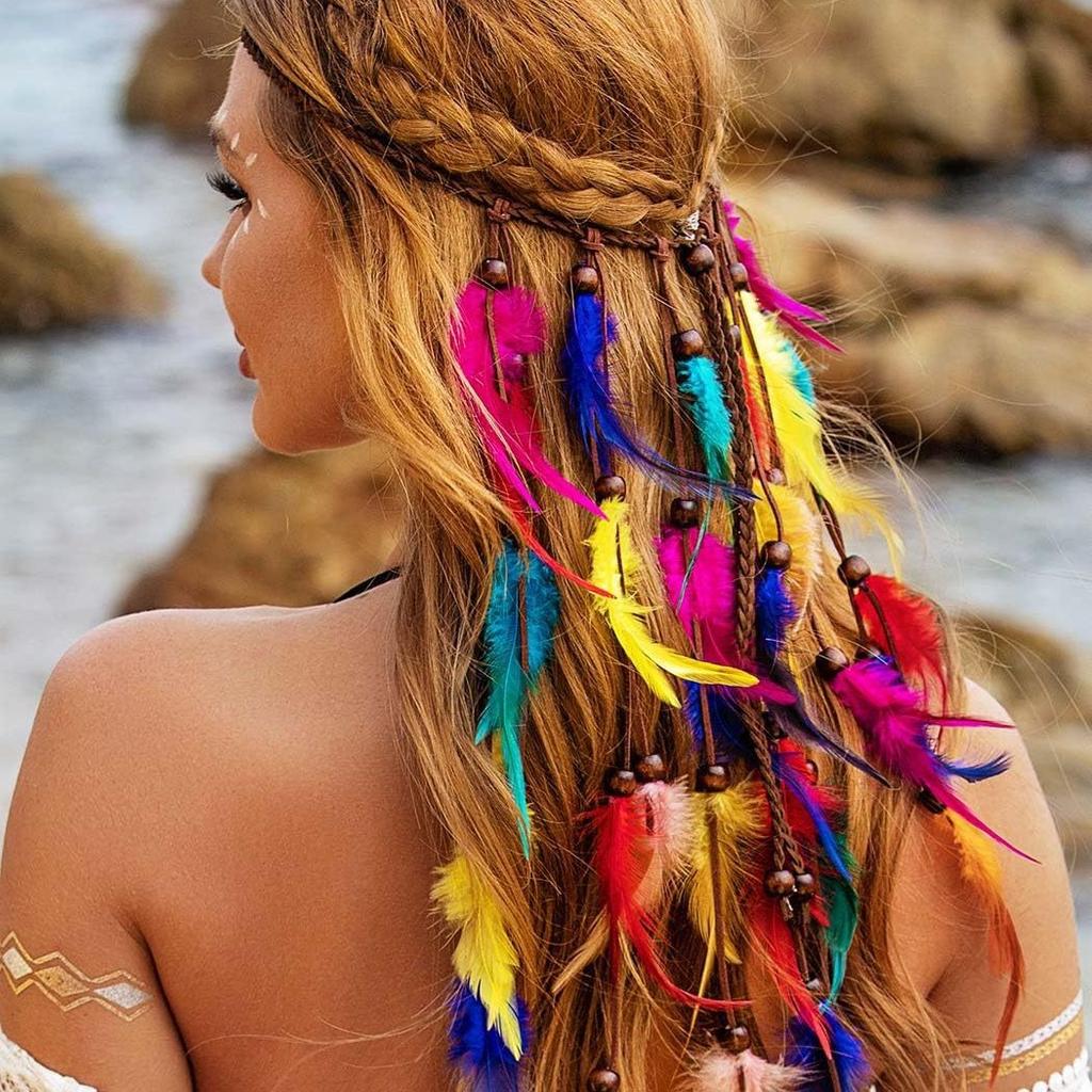 Zigeuner Indisches Kopfschmuck Bohemian Vintage Blaue Feder Quaste Stirnband Verstellbar Haarschmuck Für Frauen Urlaubs Schmuck