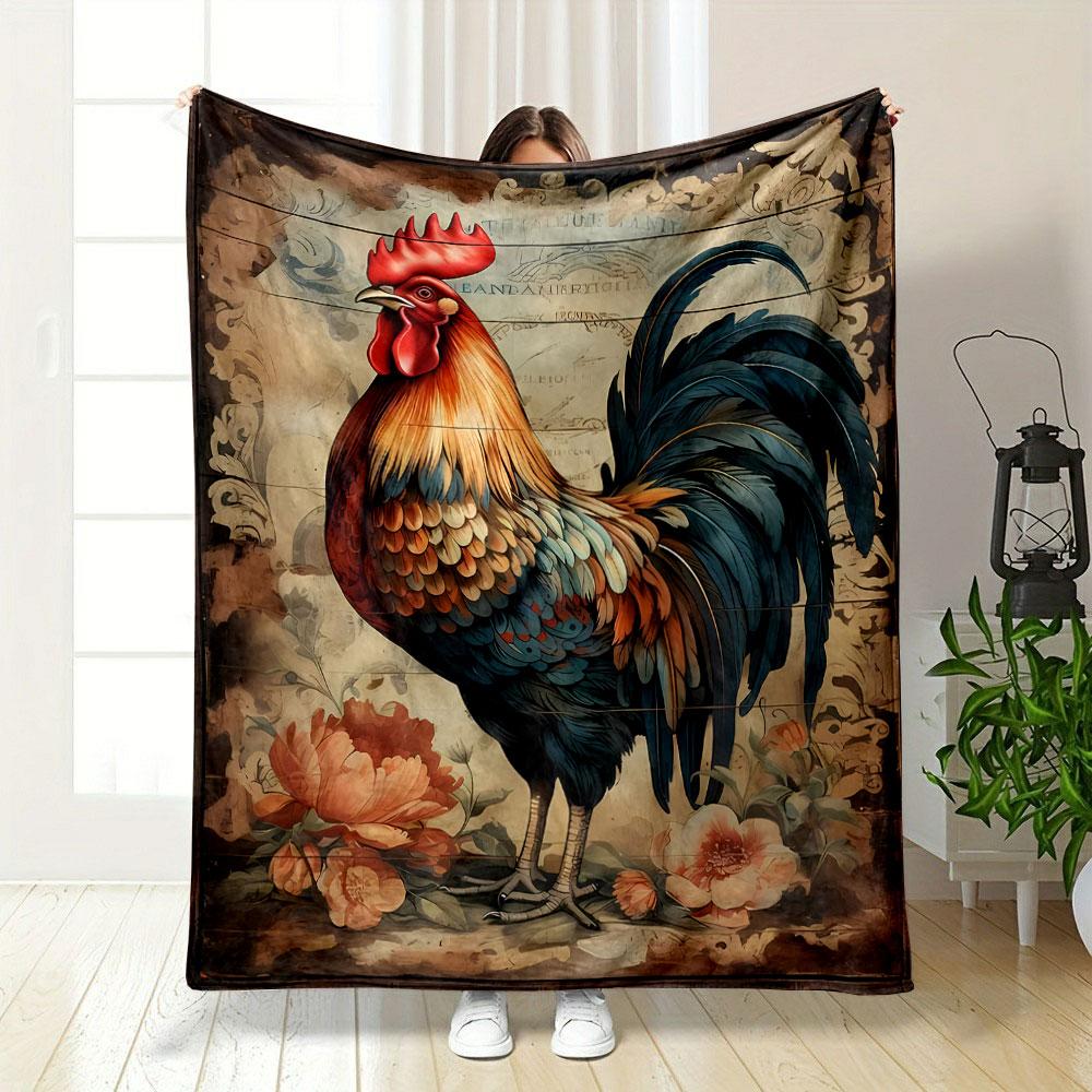 Vintage Rooster Floral Blanket Bedroom Blanket for Livingroom Couch Lunch Break Soft Throw for Friend's Festival Gift